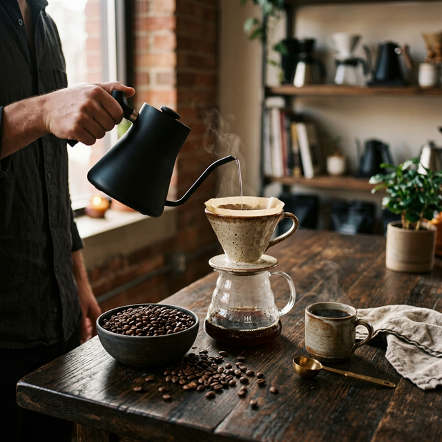 Rich roasted coffee beans and pour over setup
