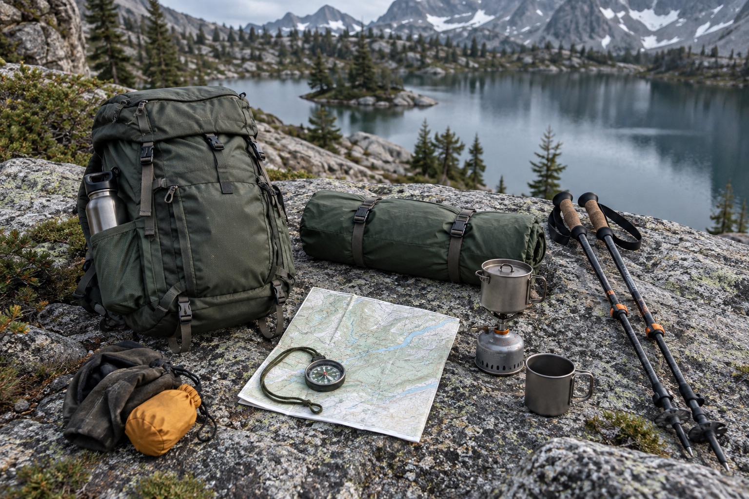 Backpack, tent, poles, map, and cooking kit arranged on granite beside an alpine lake