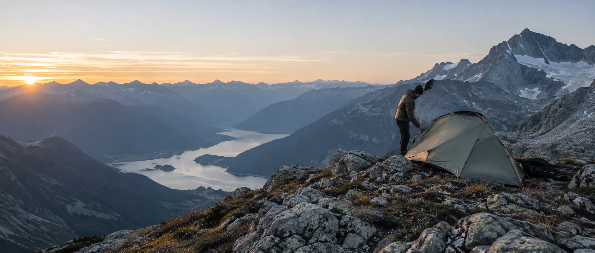 Hiker pitching a compact tent on a rocky alpine ridge at sunrise